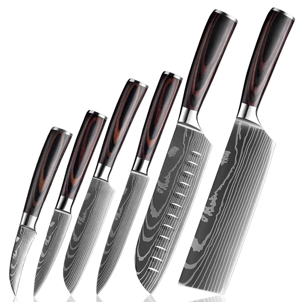 

Kitchen Knife Set 1-6PCS Stainless Steel Sharp Santoku ,Fruit ,Utility,Vegetables Knife Laser Damascus Pattern Color Wood Handle