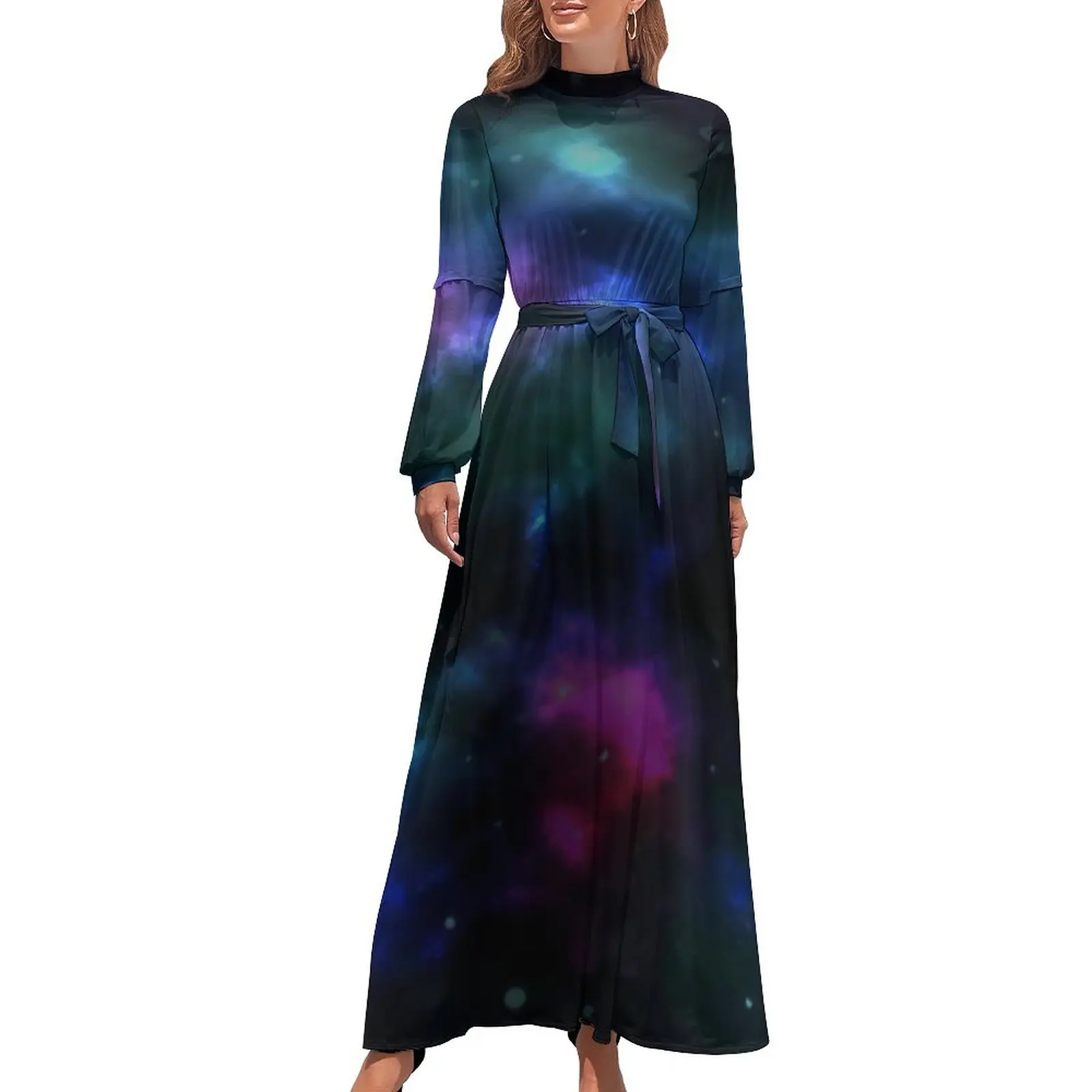 

Glowing Galaxy Dress Cosmic Print Modern Maxi Dress Korean Fashion Boho Beach Long Dresses High Waist Graphic Vestido