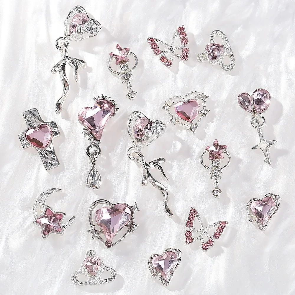 5pcs Flash Pink Nail Accessories Love Butterfly Star Cross Nail Art Charms Luxury Crystal Metal Pendant Nail Decorations Parts