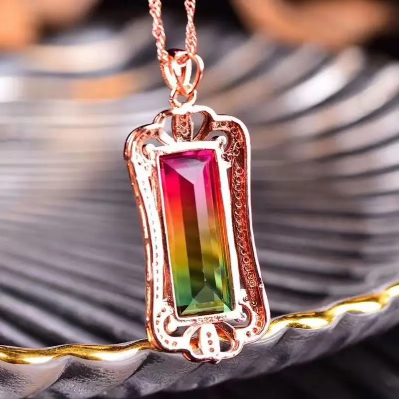 Lucky Chinese Style Natural Rainbow Watermelon Tourmaline Pendant Women Rose Gold Plated Fine Fortune Jewelry Mothers Day Gift