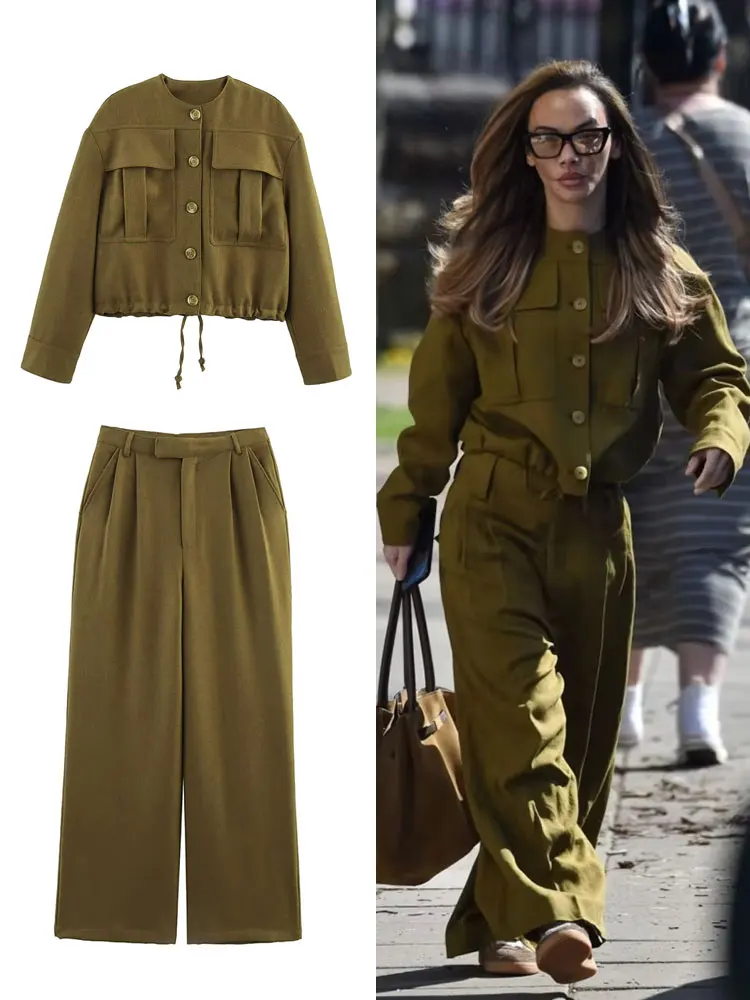

TRAFZA Women Vintage Solid Pants Sets O Neck Long Sleeve Bomber Jackets Single Breasted Cropped Coat Autumn High Street Outfits