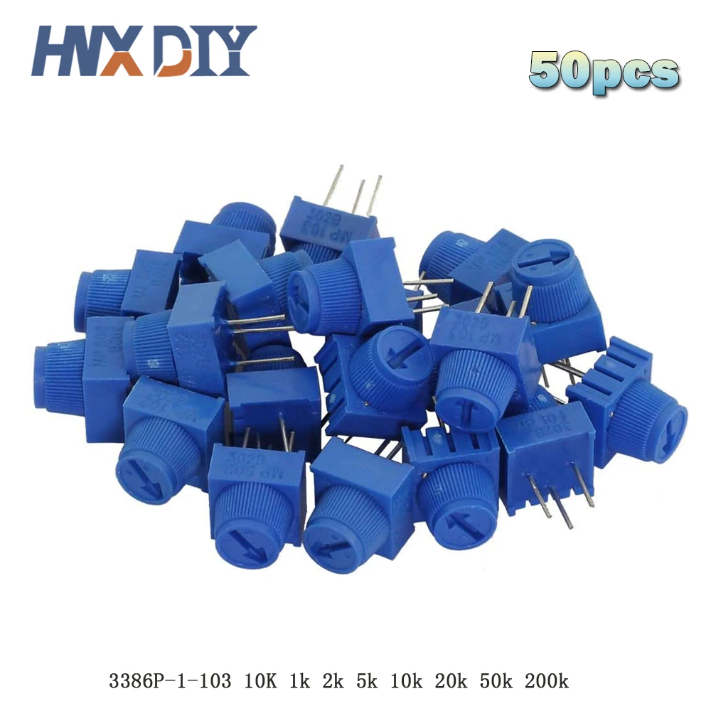 

50PCS/LOT 3386P-1-103 10K 1k 2k 5k 10k 20k 0.5W 1/2W PC Pins Through Hole Trimmer Potentiometer Cermet 1 Turn Top Adjustment