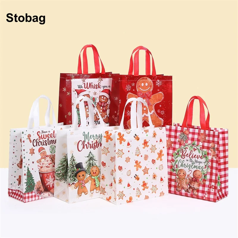 StoBag 8/20 قطعة عيد ميلاد سعيد غير حقيبة تسوق منسوجة هدية النسيج الاطفال التعبئة والتغليف حقيبة يد كبيرة تخزين مقاوم للماء الحقيبة قابلة لإعادة الاستخدام