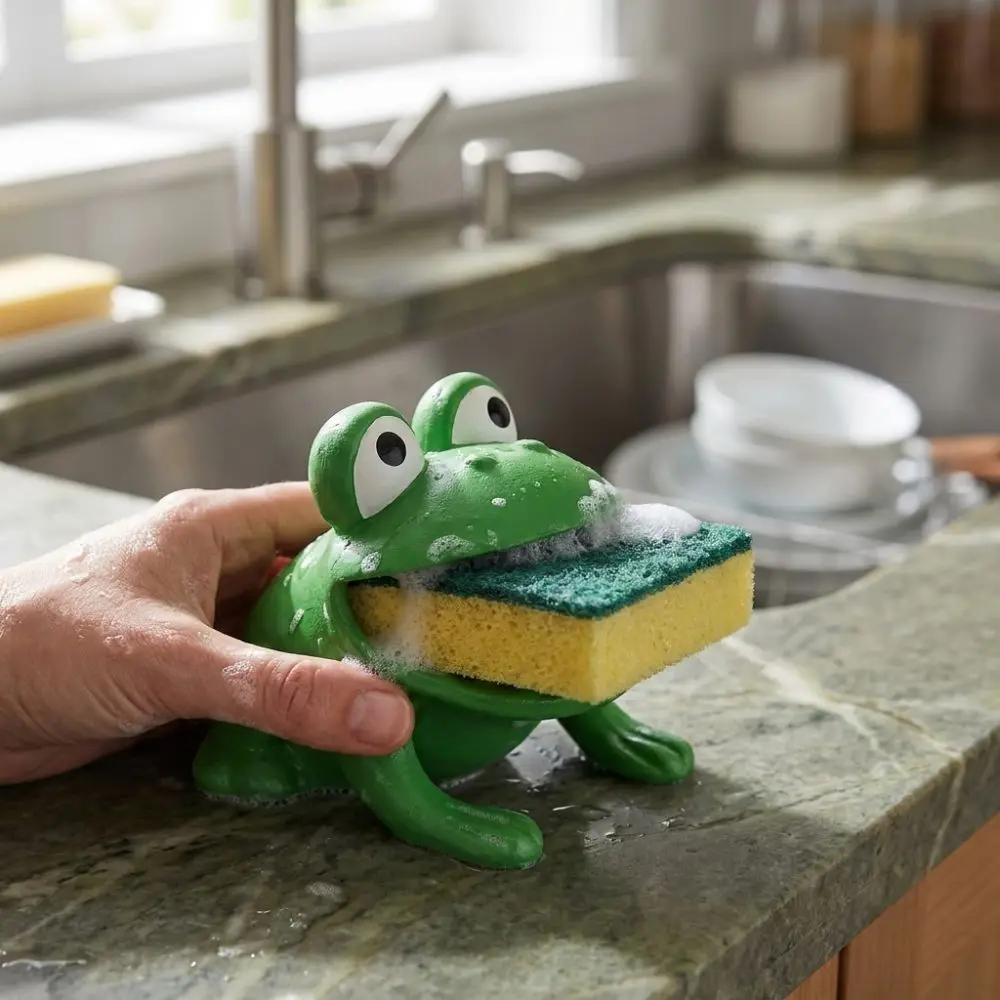 3D Printed Frog-Shaped Sponge Storage Rack Big Mouth Frog with Drain Hole Sponge Drain Holder Cartoon Plastic view 4