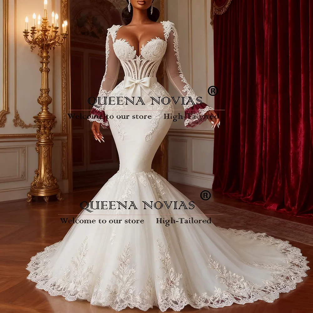

Luxury Lace Appliques Wedding Dresses French Style Sweetheat Mermaid Long Bridal Gowns Customized Bride Formal Party Clothing