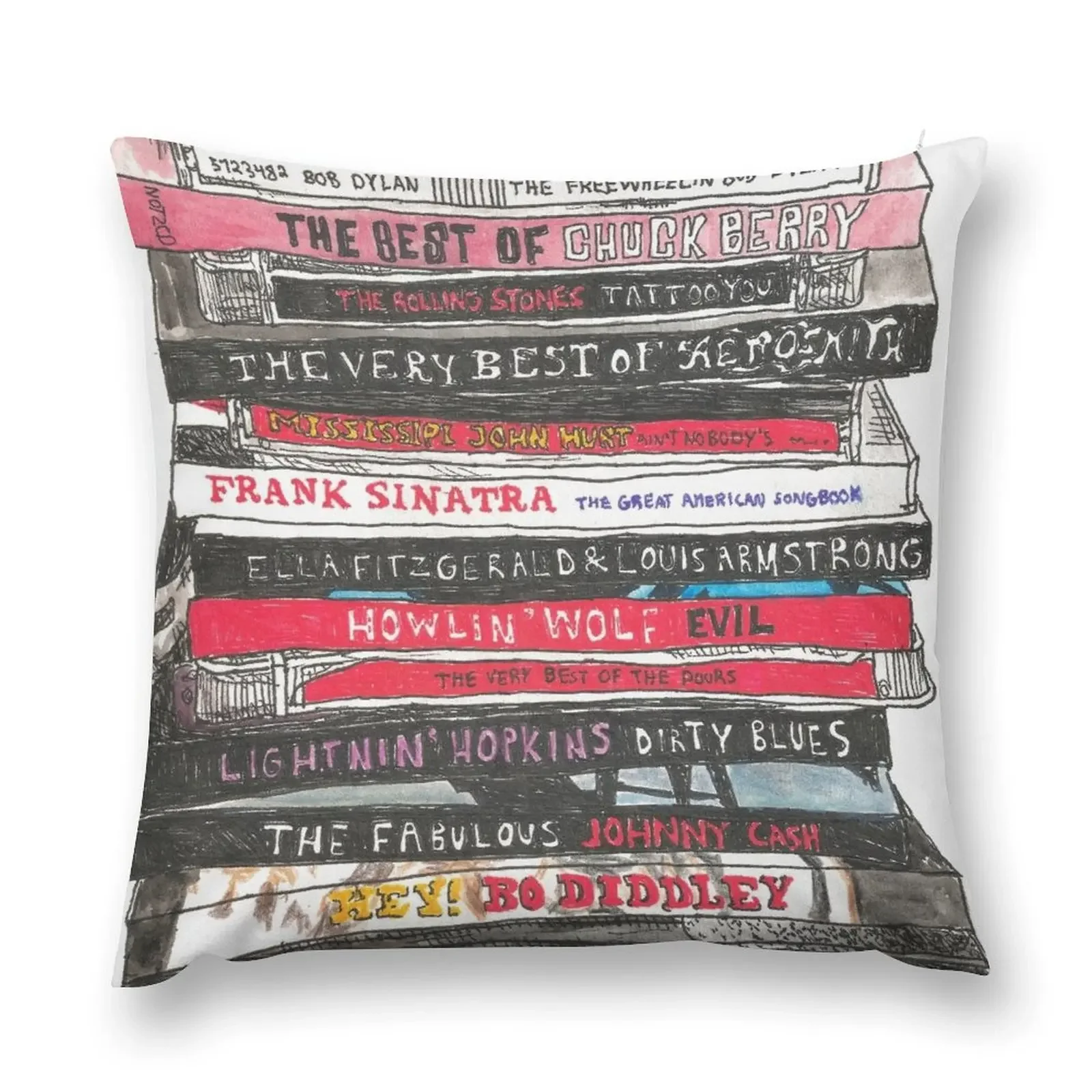 Stack of CD's - pen and watercolor drawing / painting - music collection Throw Pillow Pillowcase pillow