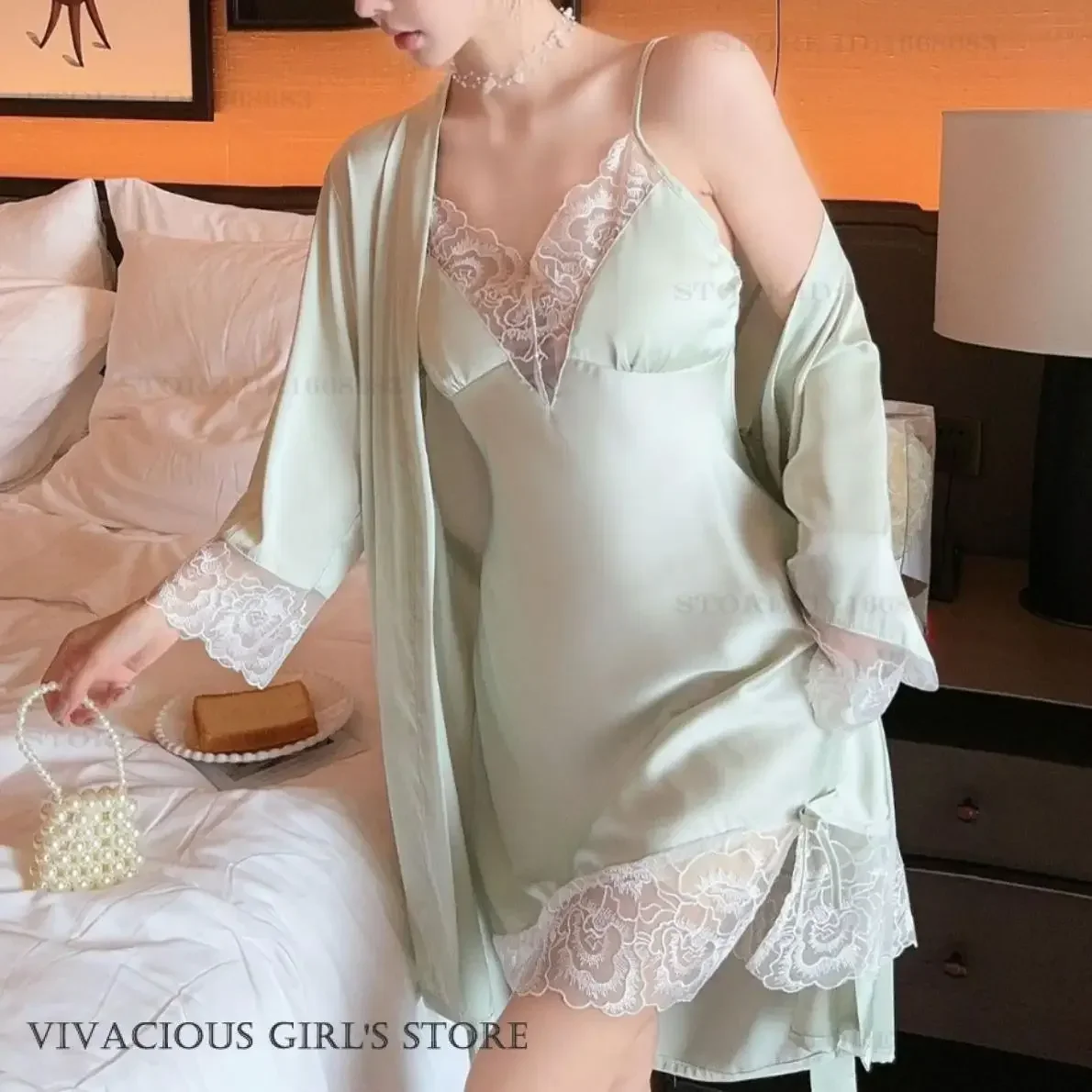 

Сексуальный лоскутный кружевной халат из 2 предметов, комплект ночной рубашки, женское нижнее белье, ночная рубашка, кимоно, халат, свободное домашнее платье из ледяного шелка, одежда для дома