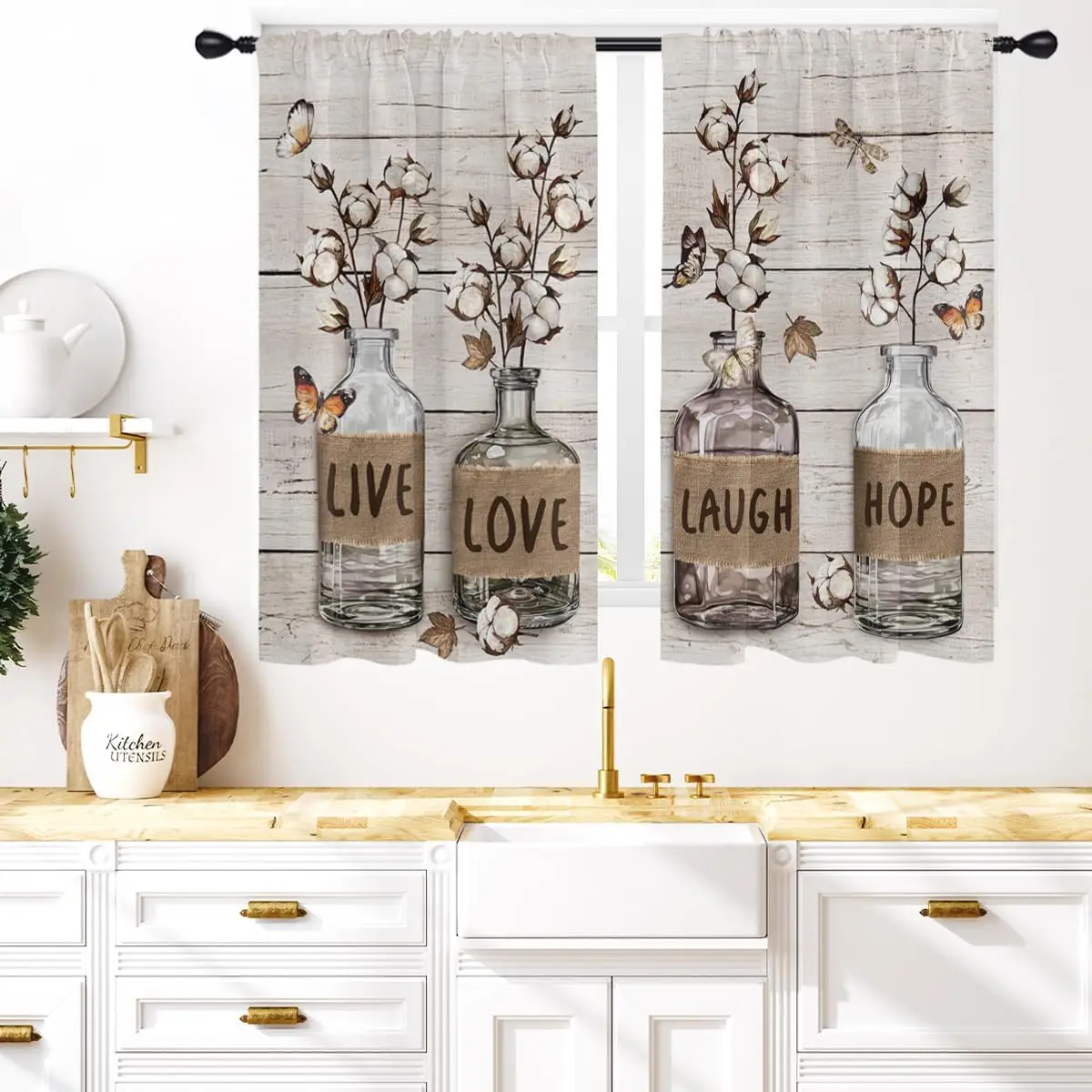

Vintage Glass Bottle Curtain Cotton Stem and Butterfly Print for Kitchen Window Farmhouse Decor