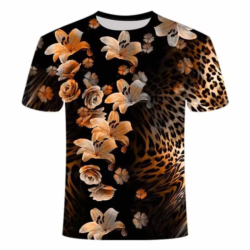 Men's T-shirt Leopard Flower Personalized Selling Point O-Neck 3D Fashion Hip Hop Short Sleeve Creative High Quality Large Top