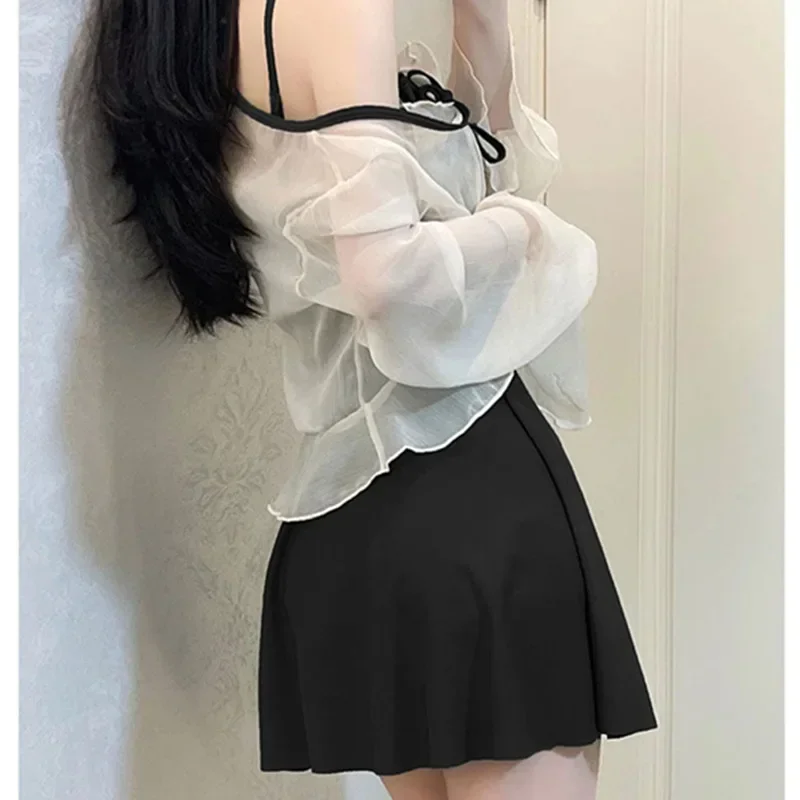 Traje de baño bonito y dulce con tirantes para mujer, 2 unidades/juego, ropa de playa Sexy de una pieza, traje de baño fino, traje de baño de cintura alta para niñas
