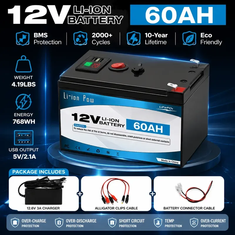 12V 60Ah Lithium Battery with Digital Display and Dual USB Output for Outdoor Camping and Backup Power Supply