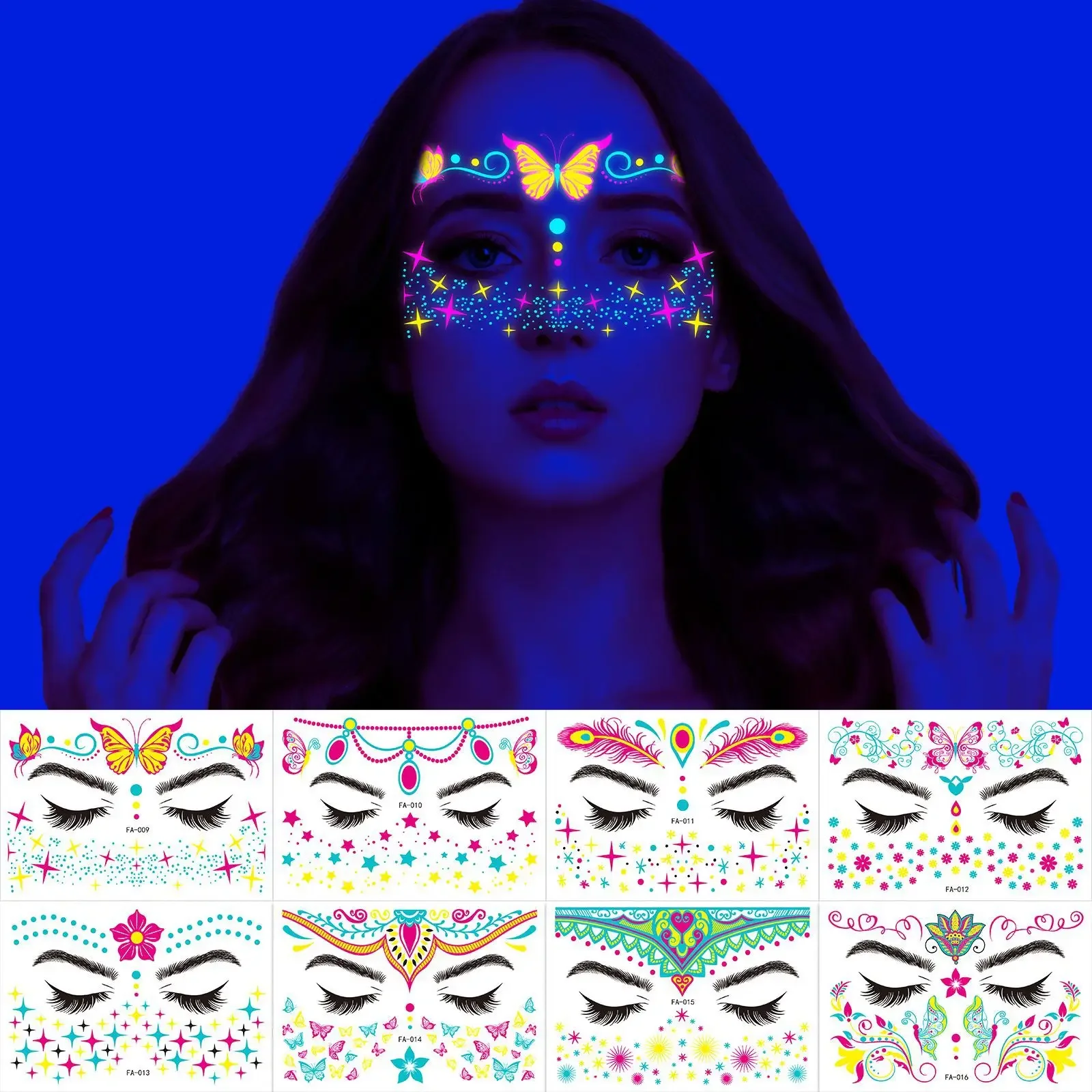 Fluorescent Facial Tattoo Stickers Music Festival Bar Party Masquerade Ball Luminous Waterproof Neon Fake Tattoo Stickers