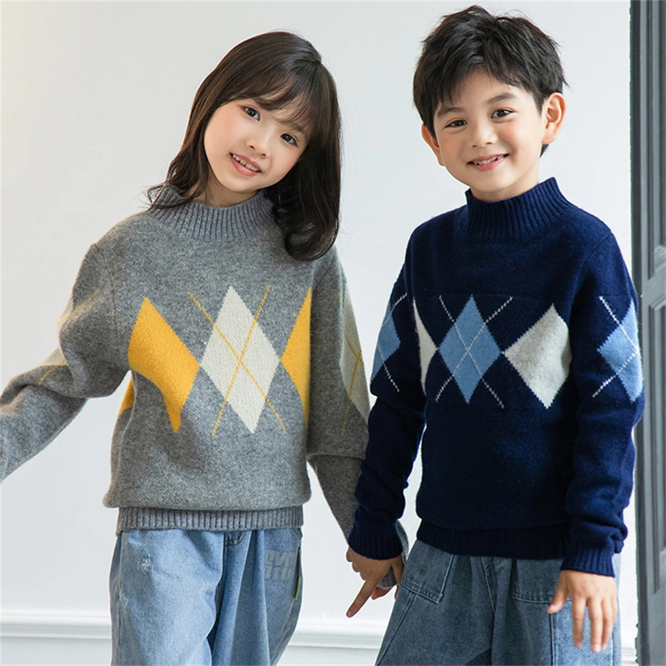 

Boys loose Round neck pullover pure wool sweaters winter girls Leisure color blocking rhombus Cashmere sweater childrens Tops