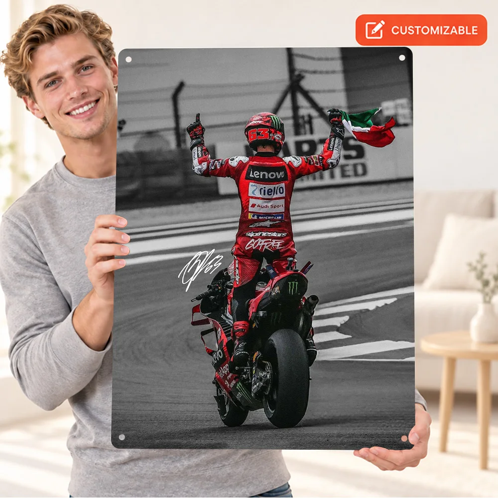 Francesco Bagnaia Victory Celebration Textured Metal Poster Personalized Aluminum Sign Selective Color Photo Wall Art For Garage