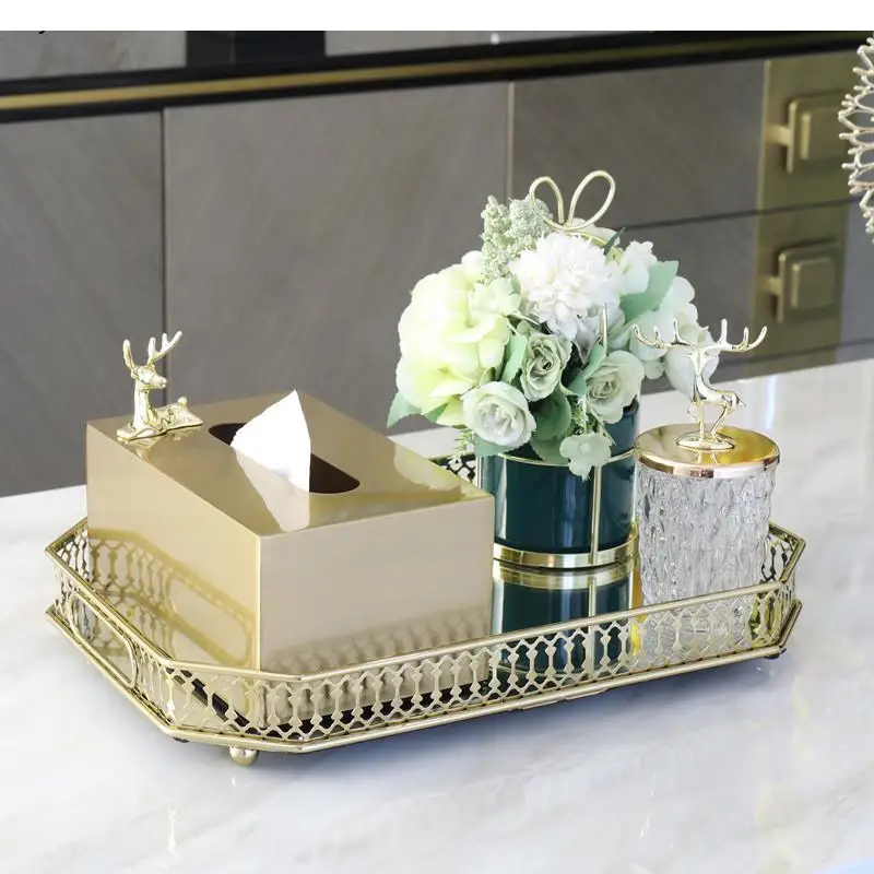 Golden Metal Square Tissue Box Household Paper Roll Storage Decoration Living Room Coffee Table Home