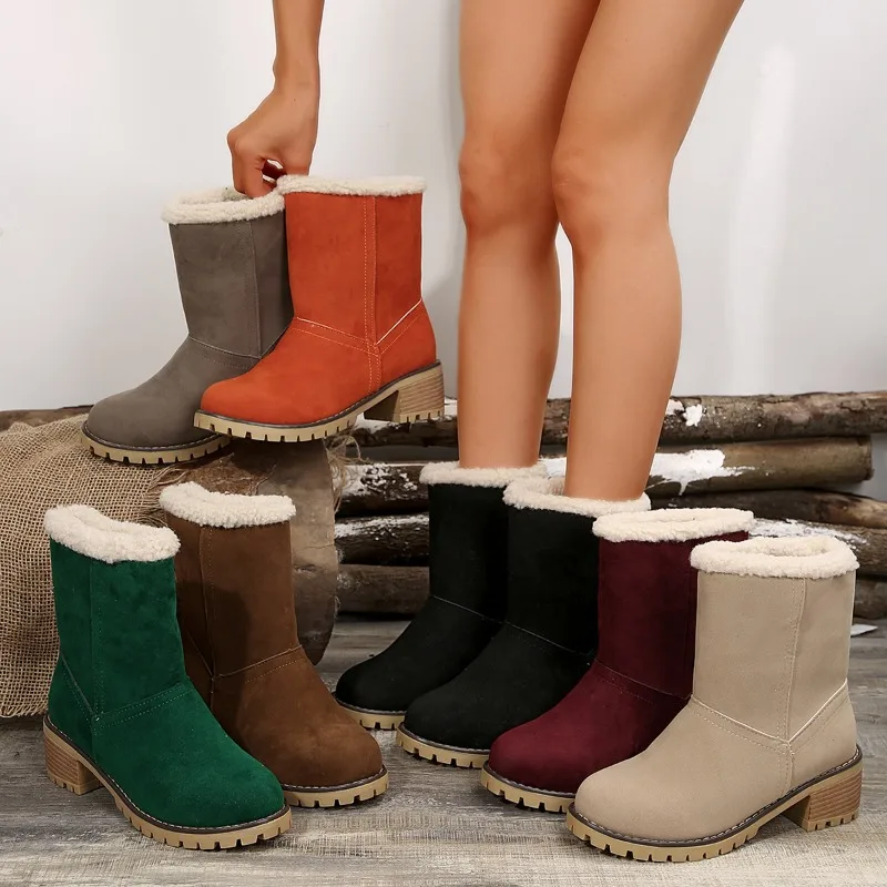 Autumn and Winter Fashion New Casual Comfortable Plus Velvet Warm Square Heel Round Toe Solid Color Women\'s Ankle Boots