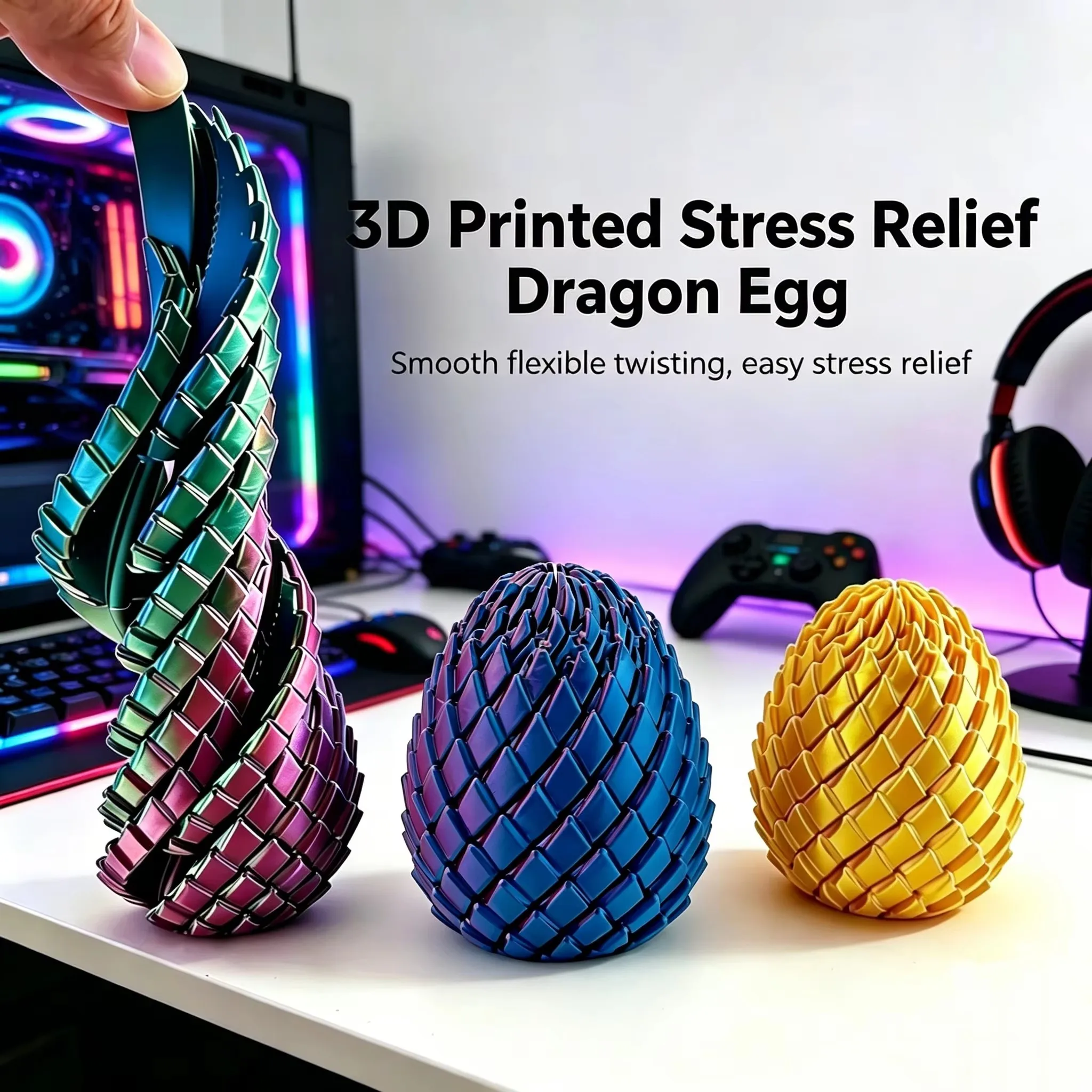 Lustiges 3D-Gedrucktes Drachenei Drehbares Fidget-Spielzeug Stressabbau Dehnbares Verformbares Sensorisches Fingerspitzen-Spielzeug für Erwachsene Kinder Geschenke