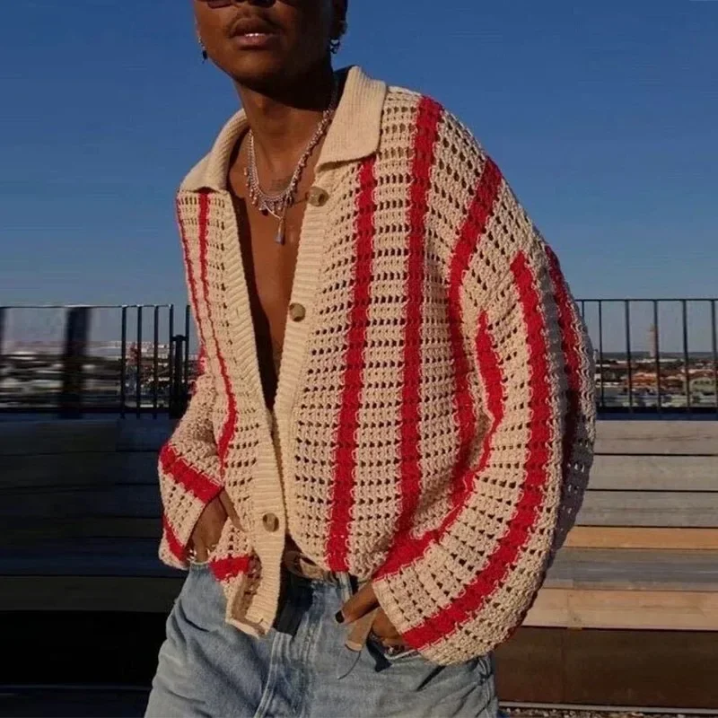 

2026 Men's Knitted Cardigan Sweater Coat Versatile Spring Autumn Splice Contrast Streetwear Male Outerwear Coats and Jacket Tops