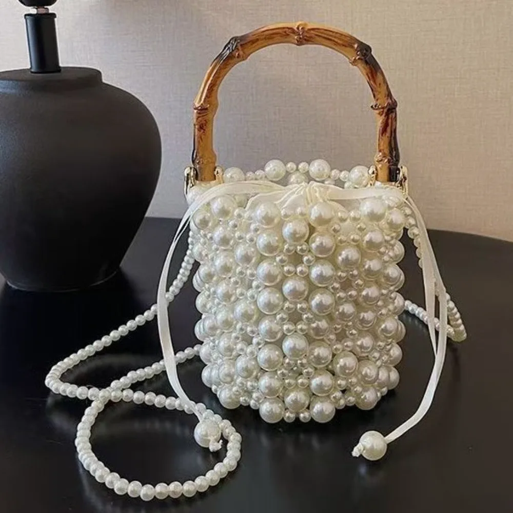 

Handmade Woven Pearls Bags for Women Elegant Beading Evening Bag Women Handbag Faux Bamboo Handle Bucket Shoulder Bag NEW Clutch