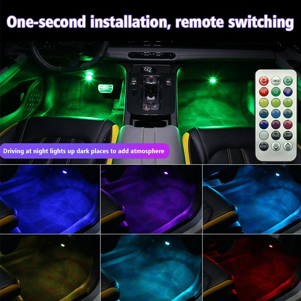 Wireless LED Car Interior Ambient Light Remote Control Decoration Lamps Auto Roof Foot Atmosphere Lamp with Battery Colorful