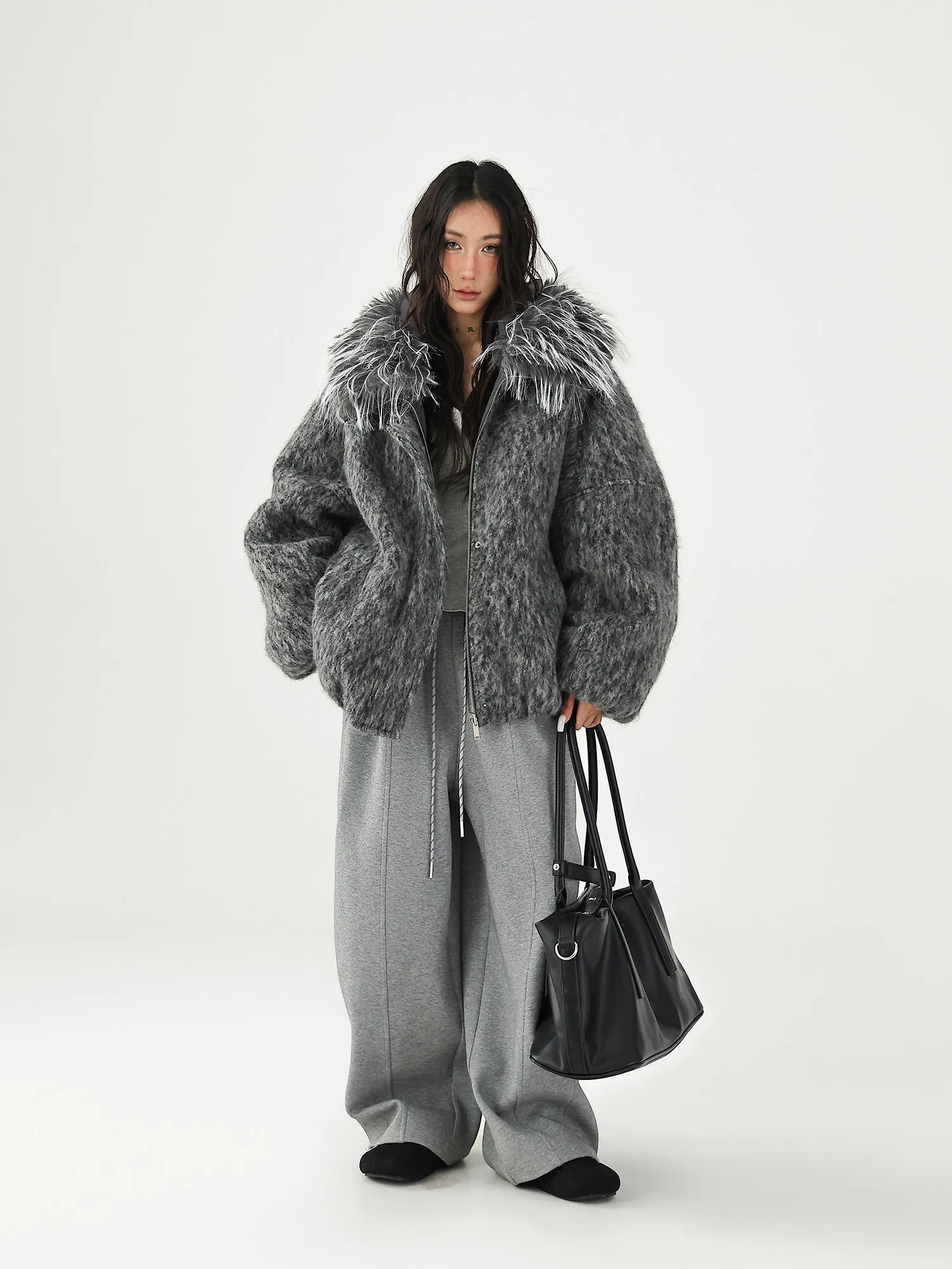 Nerazzur Autumn Winter Warm Thick Grey Oversized Quilted Blends Coat for Women with Faux Fur Trim Hood Loose Casual Woolen Coat