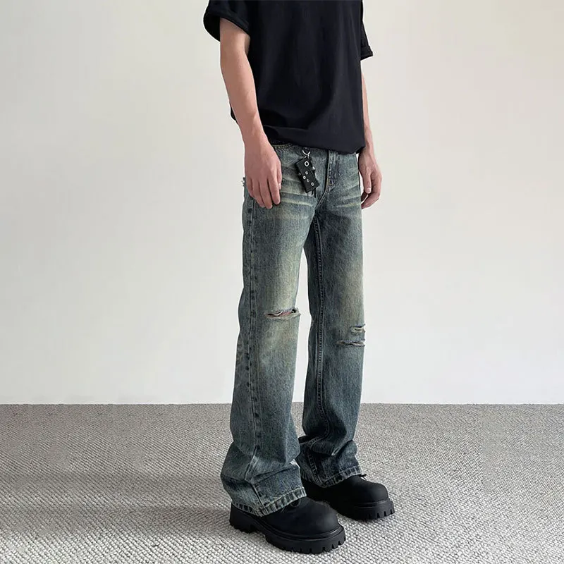 American High Street Vintage Ripped Jeans, Men's New Fashion Made-old Straight Slightly Flared Pants, Casual Floor-length Jeans