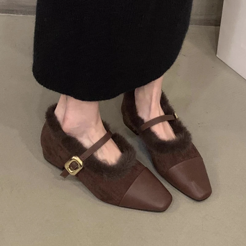 

Fur Women Heeled Shoes Square Toe Loafers Shoes Elegant 2025 New Winter Chunky Party Woman Pumps Dress Brand Zapatillas De Mujer