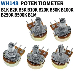 WH148 선형 전위차계 샤프트 단일 조인트 전위차계, 너트 및 와셔 포함, 3 핀, 50K, 10K, 100K, 500K, 1M, 1K, 20K, 2K, 250K, 15mm