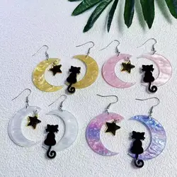 Animal Acrylic Moon Cat Star Dangle Earrings Personality Funny Ear Jewelry Elegant Cute Temperament Daily Casual Female Gift