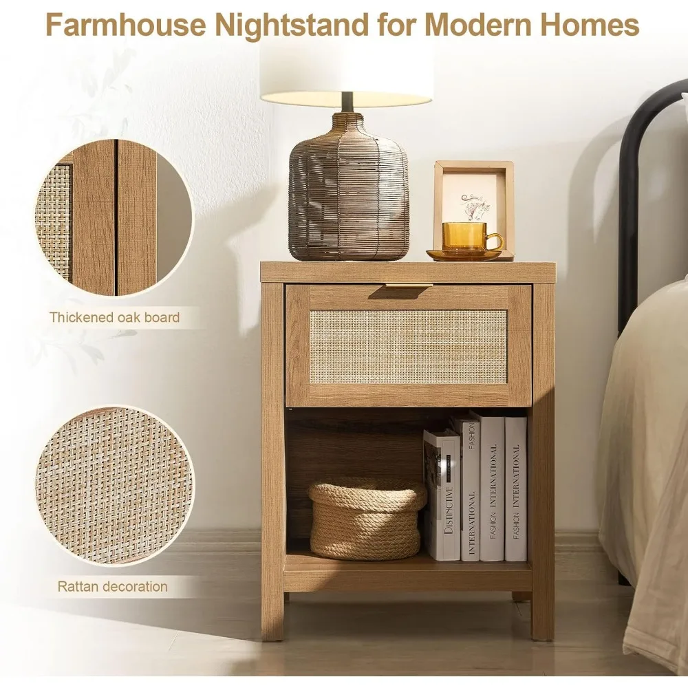 Rattan Nightstand Set of 2 - Night Stand with Drawer and Storage Shelf -  End Tables Side Table Accent Table for Bedroom image 4