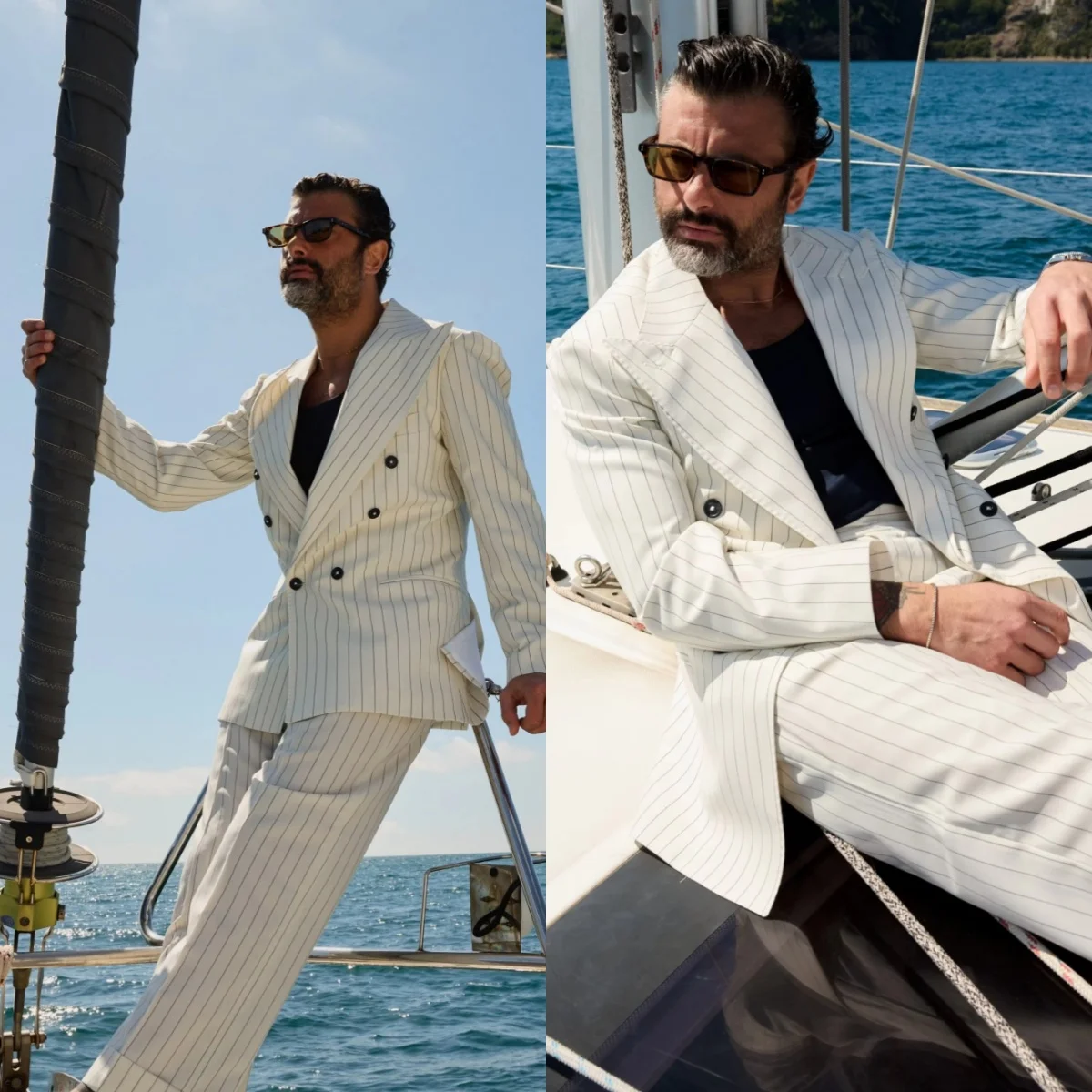 Classic Fit Men Tuxedos Pinstripe 2 Piece Set Plus Size Suit Peaked Lapel Jacket Pants Groom Evening Blazers Customized