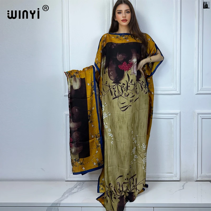 WINYI Catwalk model abaya women muslim sets dress african dubai abaya Crew Neck print Kaftan Elegant Maxi Length Dress