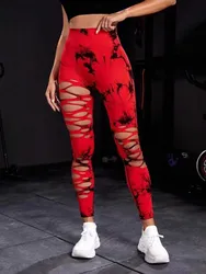 Leggings ahuecados Tie Dye para mujer, pantalones deportivos de Fitness, ropa deportiva Sexy de cintura alta, mallas Push Up para gimnasio, Leggings rojos para correr