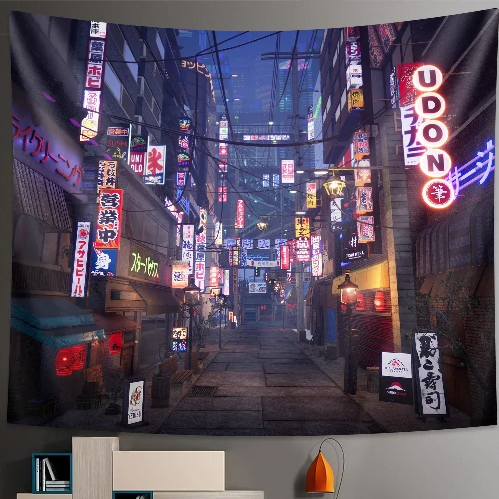 Tokyo Metropolitan Nightlife Tapestry Japanese Wall Hanging Bedroom Home Decor Bohemian Decorative Hippie Printed Sheet