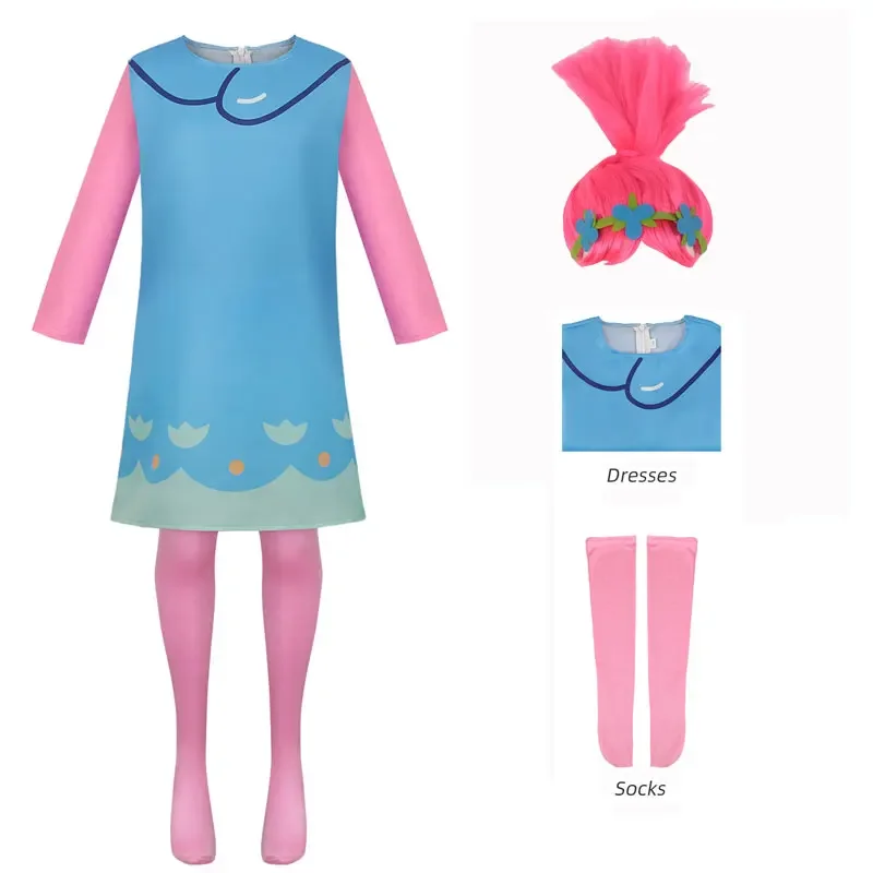 Girls Trolls Cosplay Costume Princess Dresses Cartoon With Wig Children's Longsleeve A-Line Cute For Girls Clothes