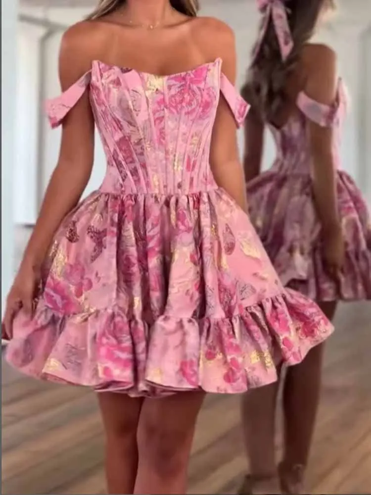 

Fashion Cocktail Dresses 2025 Satin A-line Homecoming Dress Pink Off-the-shoulder Ruched Ruffles Birthday Party Dresses Mini