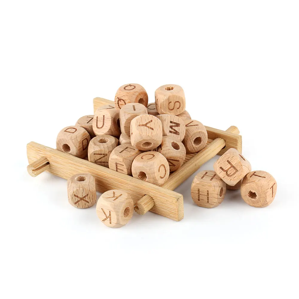 10/100/300/500/1000pcs Wooden Letter Beads Baby Teether DIY Teething Pacifier Chain 12mm English Alphabet Natural Wooden Bead