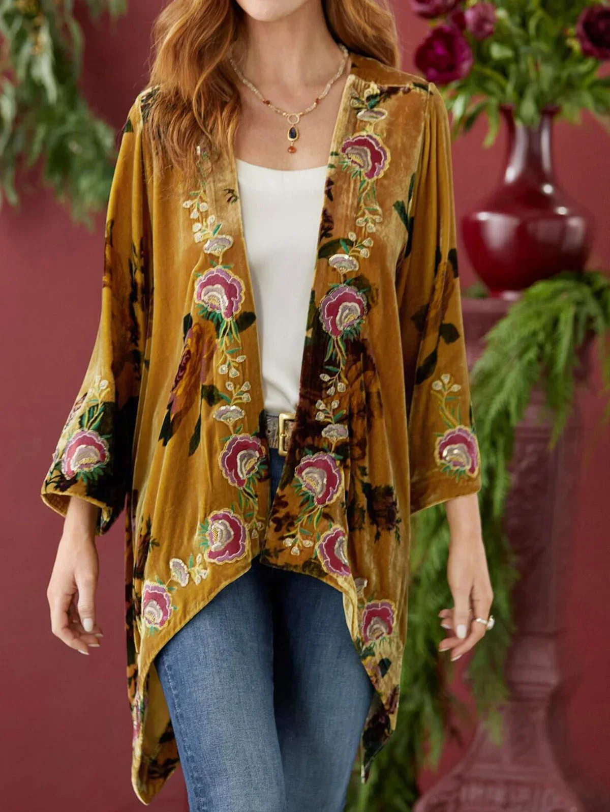 Women Velvet Jacket Floral Print Vintage Ethnic Casual Cardigans Top Long Sleeve Aysmmetric Hem Retro Outerwear Tops Autumn 2024