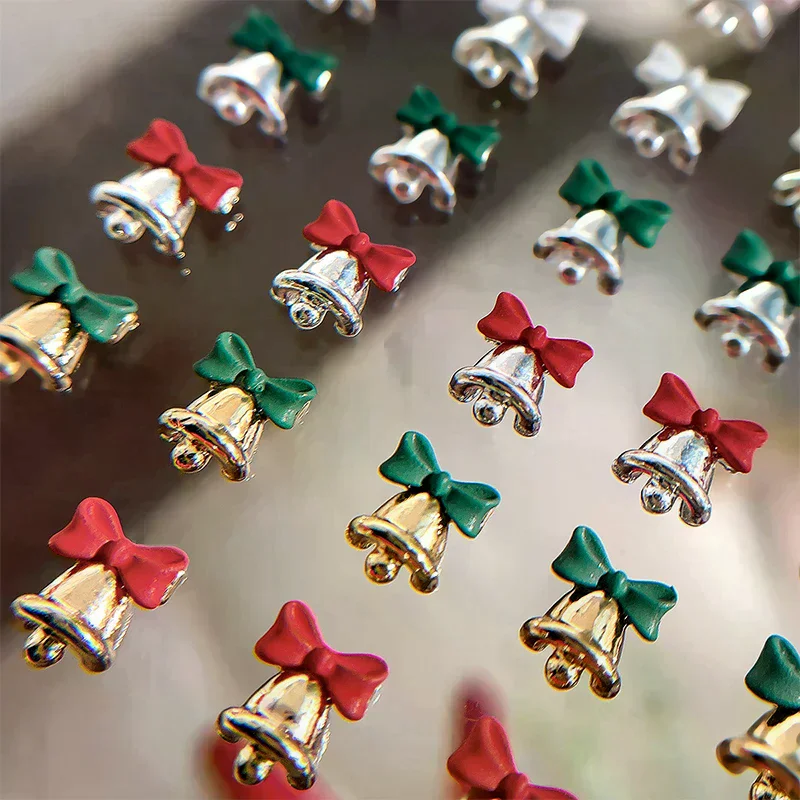 5Pcs Christmas Alloy Nail Accessories Mini Colored Bow Bell Rhinestones Jewelry Nail Art Charms Decorations 3D Flat Back Parts