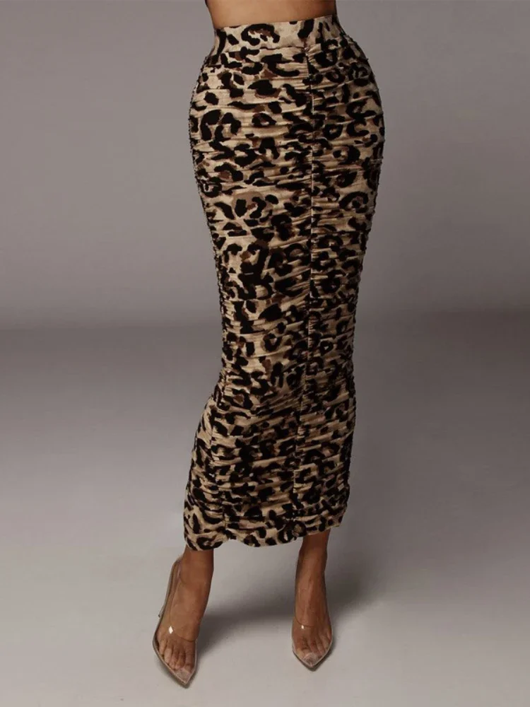 Leopardo feminino estampado saia midi bodycon de cintura alta, casual, saias longas, streetwear justa, moda