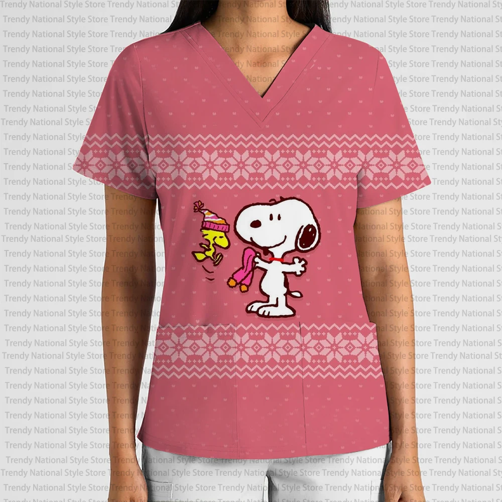 2025 جديد المرأة عيد الميلاد سلسلة الكرتون أنيمي قصيرة الأكمام العمل موحدة الخامس الرقبة طباعة فرك هدية عيد ميلاد تي شيرت #4