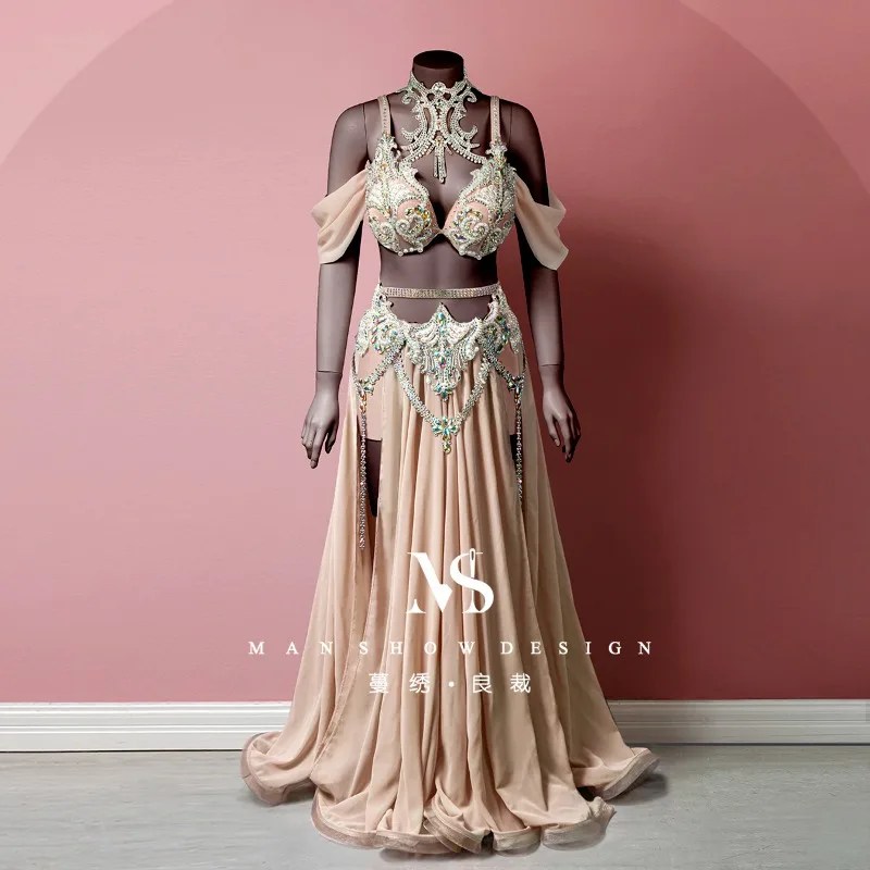 

Customized Belly Dance Performance Dress New Naked Color Large Swing Skirt High Waist Sleeve Necklace High End Opening Dance Set