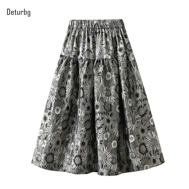 Women's Elegant Jacquard Midi Skirt With Floral Pattern Fashion High Waist Fit and Flare A-Line Skirts 2024 Autumn K425