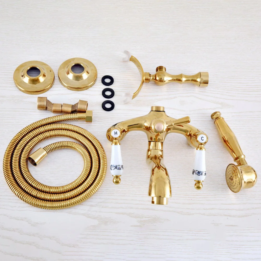 Luxury Gold Color Brass Wall Mount Bathroom Bath Tub Faucet Set WITH/ 1.5M Handheld Shower Spray Head Mixer Tap Dna819