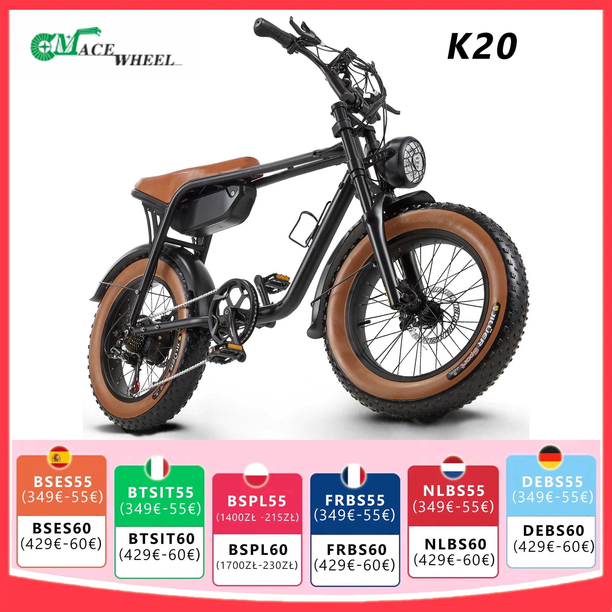 20 pollici eBike Per Adualt E Mountainbike 48V 15AH Batteria, 7 Velocità, Pneumatico Grasso Bici Elettrica Picco 1000W Motore ebIKE k20