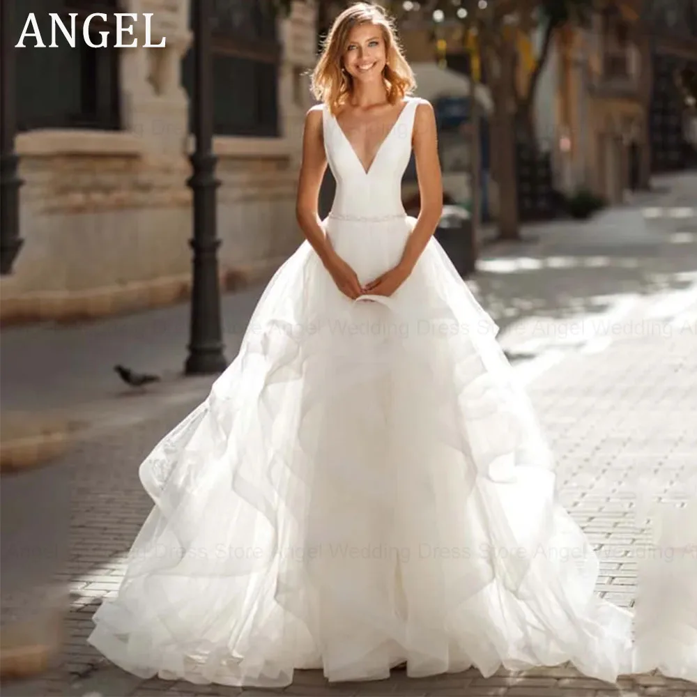 

ANGEL Sexy V-Neck Backless A-line Wedding Dress Romantic Organza Sleeveless Trouwjurk Simple Spaghetti Straps Bride Party