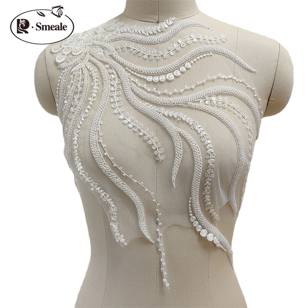 Perlenbesetzte Pailletten-Spitzen-Brustblumen, 3D-Hochzeitskleid-Applikation, Braut-Kopfschmuck, Spitzenkragen-Spitzenstoff, Pteris-Applikation – Detail 5