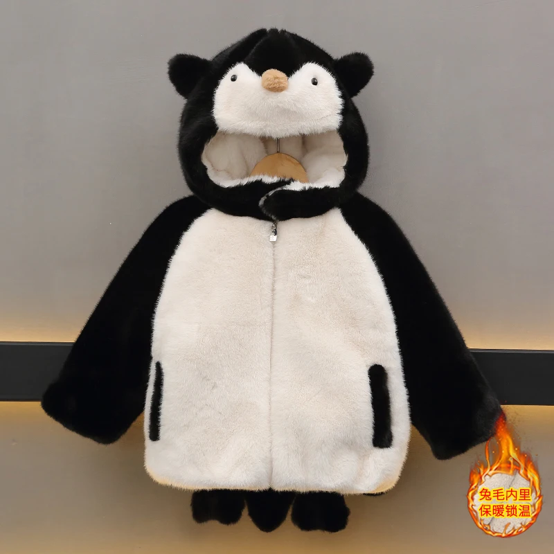 

Winter Children's Little Penguin Cotton Jacket Plush Thick Wool Sweater Imitation Fur Coat for Girls Boys 2025 New Arrival