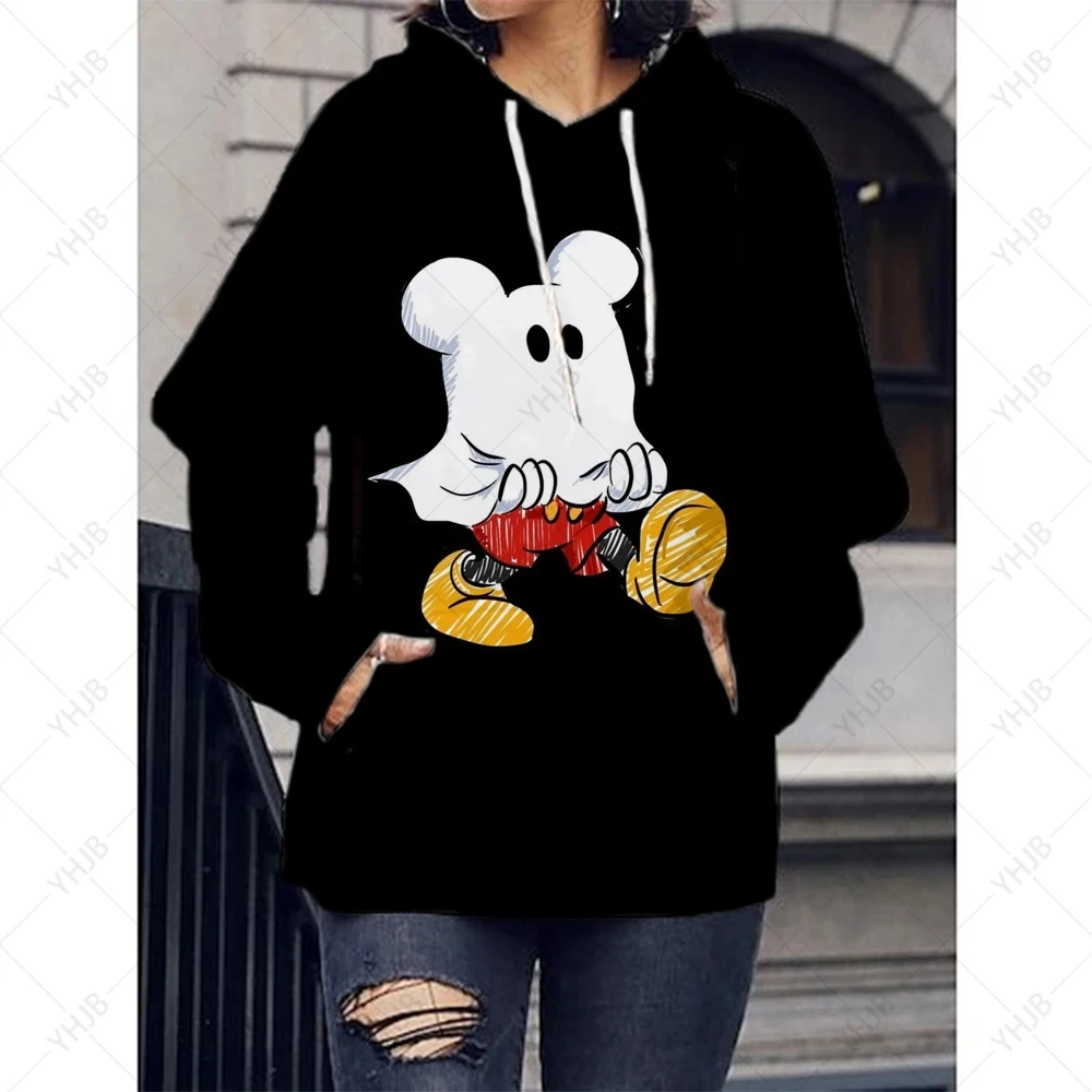 Disney-Moletom feminino com capuz Minnie Mickey Mouse estampado manga comprida, capuz feminino, tops Harajuku casuais, roupas de