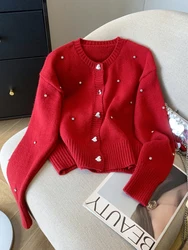 Jmprs Korean Diamonds Cardigan Sweaters Women Elegant Long Sleeve Red Knitted Coats Casual Sweet Loose Female Love Buttons Tops